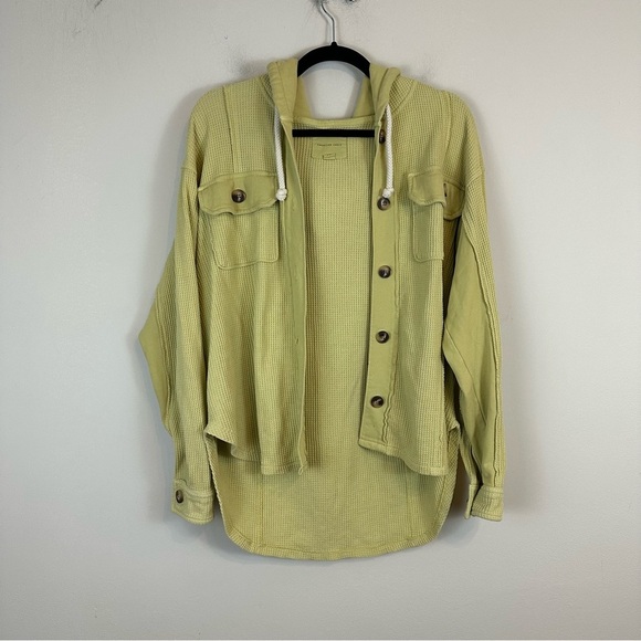 AEO | Bright Green and Yellow Waffle Knit Hooded Shacket Jacket Size Small - Picture 1 of 6